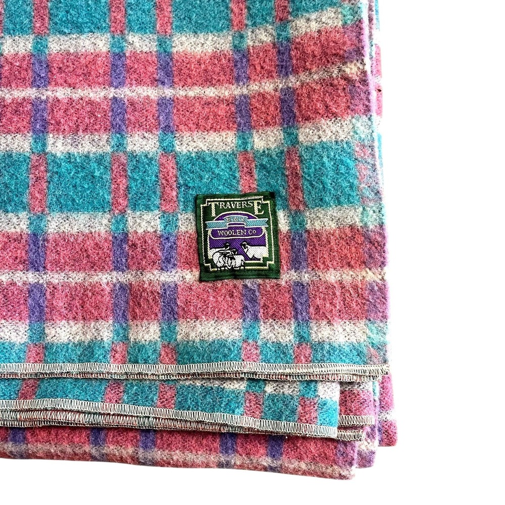 Vintage Traverse Bay Woolen Co Wool Blanket 56x81 Plaid Pink Aqua Purple USA - Picture 7 of 10
